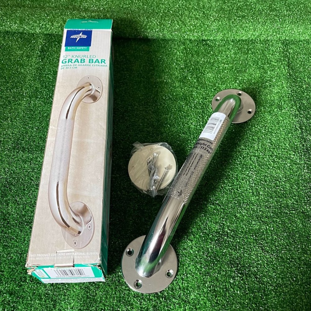 Medline 12" Chrome Knurled Bath Grab Bar, Bath Handle for Shower or Tub NEW
